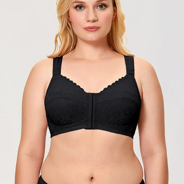 Plus Size Beige Color Front Closure Wirefree X Shape Back Support Lace Bra - SolaceConnect.com
