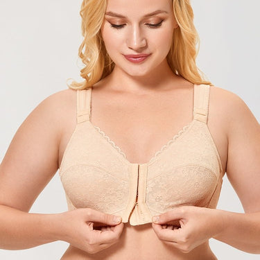 Plus Size Beige Color Front Closure Wirefree X Shape Back Support Lace Bra - SolaceConnect.com