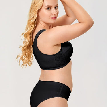 Plus Size Black Color Front Closure Wirefree X-Shape Back Support Lace Bra - SolaceConnect.com