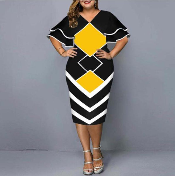 Women Bodycon Dress Plus Size Evening Party Dress Elegant Geometric Print Layered Bell Sleeve Casual - SolaceConnect.com
