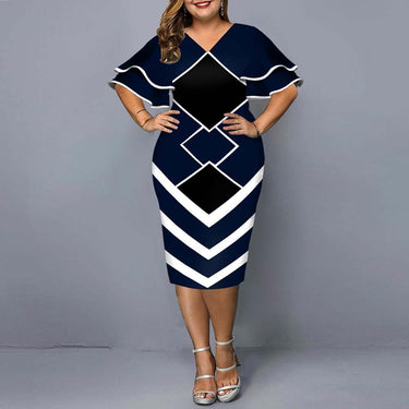 Plus Size Elegant Women's Geometric Print Layered Bell Sleeves Bodycon Dress  -  GeraldBlack.com