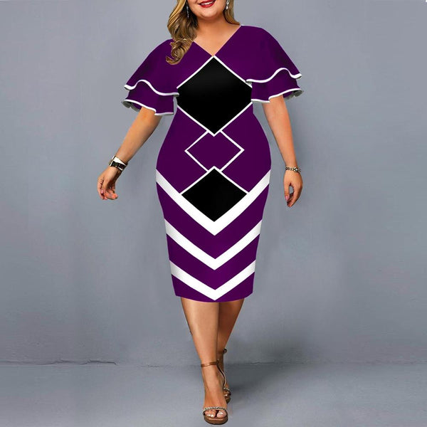 Plus Size Elegant Women's Geometric Print Layered Bell Sleeves Bodycon Dress  -  GeraldBlack.com