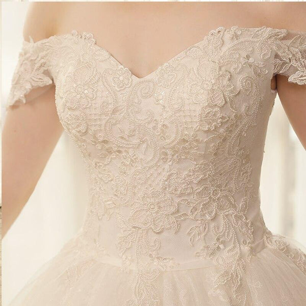 Plus Size Lace Beads Crystal Off Shoulder Short Sleeves Wedding Bridal Gowns - SolaceConnect.com