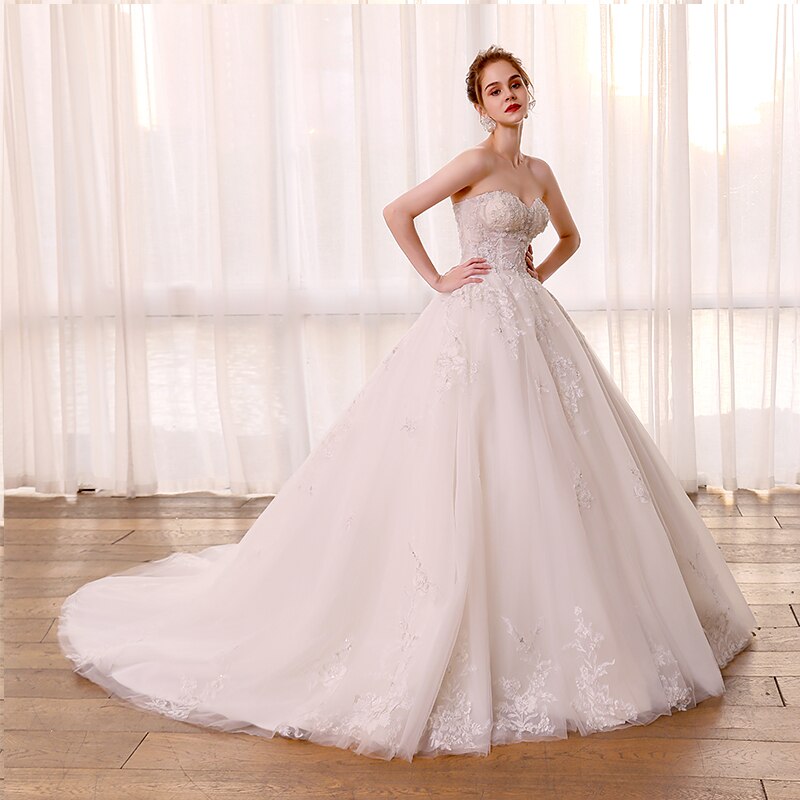 Plus Size Lace Sweetheart Floor Length Bridal Gowns with Court Train - SolaceConnect.com