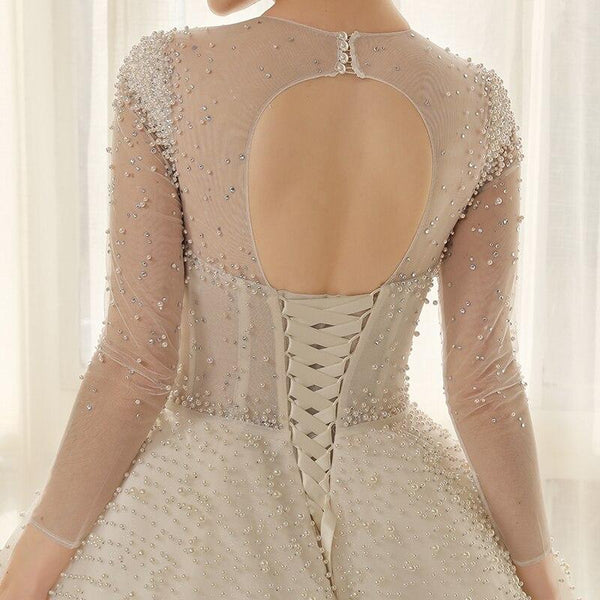 Plus Size Long Sleeve Pearl Bridal Ball Gowns with Full Sleeves - SolaceConnect.com