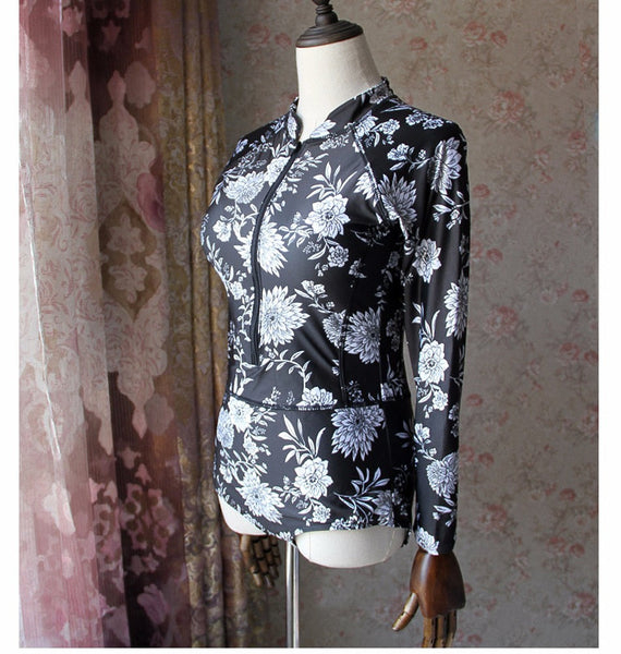 Plus Size Long Sleeve Zipper Floral Print Women's One Piece Swimsuit  -  GeraldBlack.com