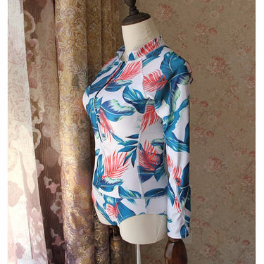 Plus Size Long Sleeve Zipper Floral Print Women's One Piece Swimsuit  -  GeraldBlack.com