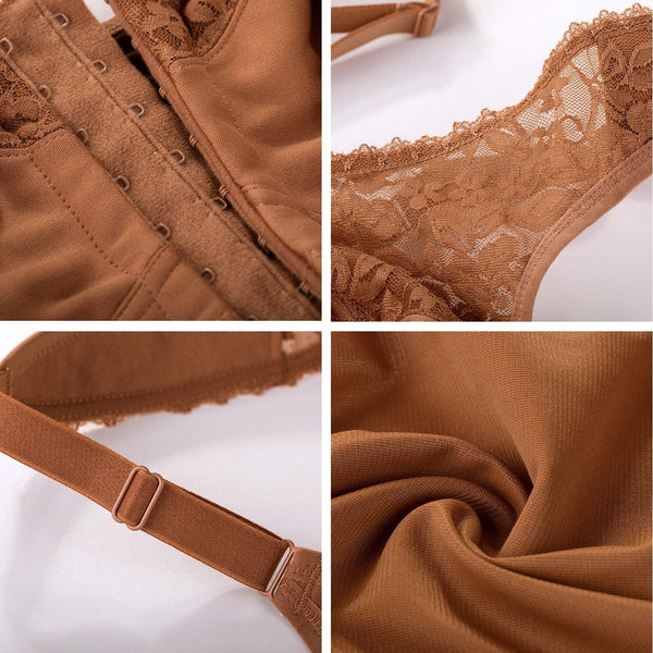 Plus Size Nutmeg Brown Lace Full-Figure Wireless Front Closure Racerback Bra - SolaceConnect.com