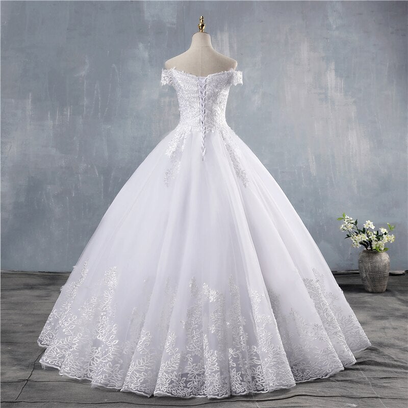Plus Size Off Shoulder Applique Lace Princess Gown Wedding Dresses - SolaceConnect.com