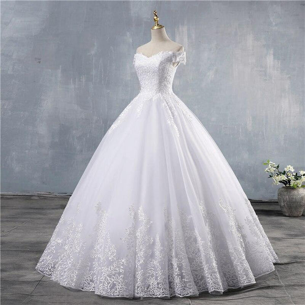 Plus Size Off Shoulder Applique Lace Princess Gown Wedding Dresses  -  GeraldBlack.com