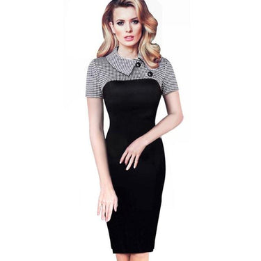 Plus Size Office Women's Long Sleeve Plaid Pattern Bodycon Pencil Dress - SolaceConnect.com