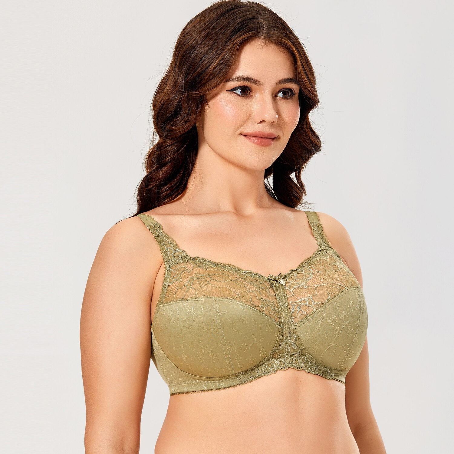 Plus Size Olive Green Floral Lace Full-Coverage Wireless Unlined Bra  -  GeraldBlack.com