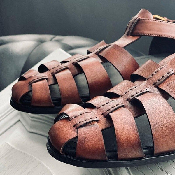 Plus Size Retro Rome Style Handmade Genuine Leather Men's Flat Sandals - SolaceConnect.com