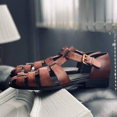 Plus Size Retro Rome Style Handmade Genuine Leather Men's Flat Sandals - SolaceConnect.com