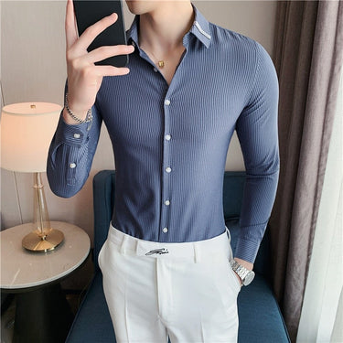 Plus Size Ribbon Decor Collar Long Sleeve Striped Slim Shirt for Men  -  GeraldBlack.com