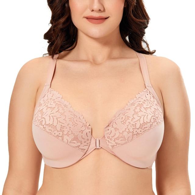 Plus Size Rose Smoked Color Full Figure Front Close Non-Padded Lace T-shirt Bra - SolaceConnect.com