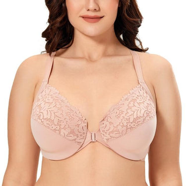 Plus Size Rose Smoked Color Full Figure Front Close Non-Padded Lace T-shirt Bra - SolaceConnect.com