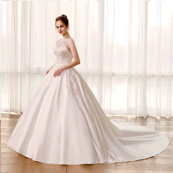 Plus Size Satin Sleeveless Sheer Neck Ball Gown Wedding Dresses - SolaceConnect.com