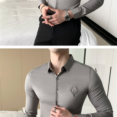 Plus Size Slim Fit Long Sleeve Embroidery Men's British Style Formal Shirt  -  GeraldBlack.com