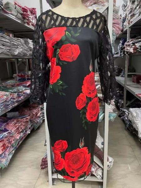 Big size Ladies Lace Floral Printed Flower patchwork Dress Women's Clothing Fashion Pullover Plus - SolaceConnect.com