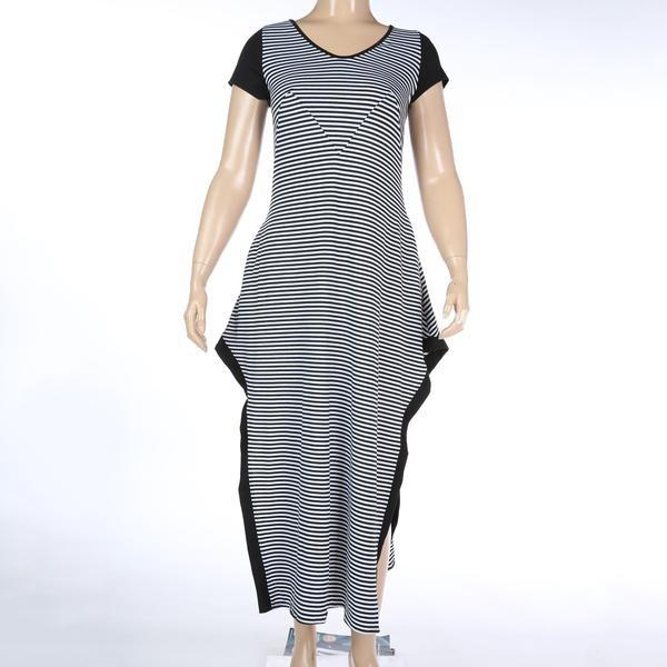 Plus Size Summer Casual Women's Black and White Striped Split Dress  -  GeraldBlack.com