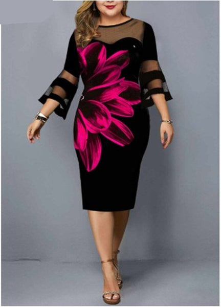 Plus Size Summer Women's Dress Elegant Mesh Bodycon Floral Print Party Dress Club Night Outfits - SolaceConnect.com
