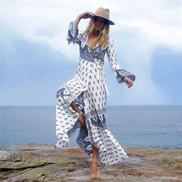 Plus Size Women's Bohemian Style V-Neck Long Sleeve Printed Maxi Dress - SolaceConnect.com