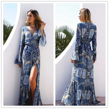Plus Size Women's Bohemian Style V-Neck Long Sleeve Printed Maxi Dress - SolaceConnect.com