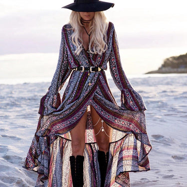 Plus Size Women's Bohemian Style V-Neck Long Sleeve Printed Maxi Dress  -  GeraldBlack.com