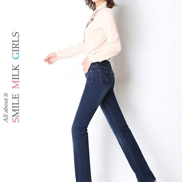 Women Flare Jeans Elastic Waist Blue Wide Leg Denim Pants Plus Size Straight Female Fashion Casual - SolaceConnect.com