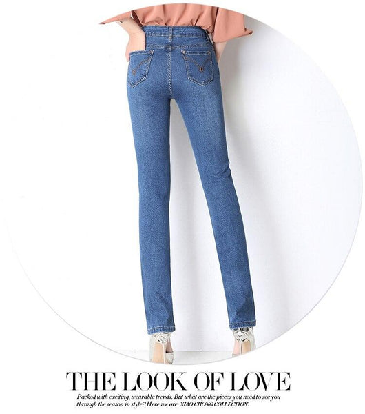 Women Flare Jeans Elastic Waist Blue Wide Leg Denim Pants Plus Size Straight Female Fashion Casual - SolaceConnect.com