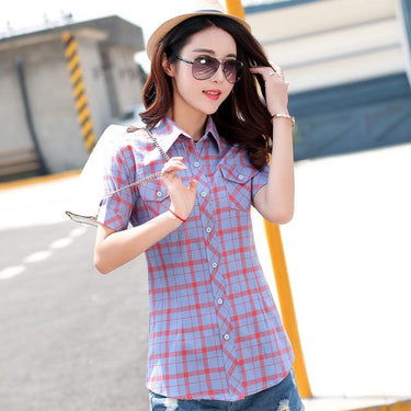 Plus Size Women’s Short-Sleeved Plaid Print Summer Style Casual Blouses - SolaceConnect.com