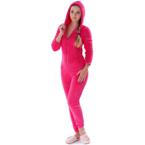 Plus Size Women's Winter Warm Fluffy Fleece Hooded Overall Onesies - SolaceConnect.com