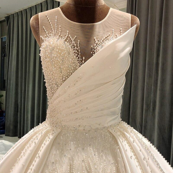 Princess Style Pleated Lace Bridal Dresses with Appliques Heavy Beads Pearls - SolaceConnect.com