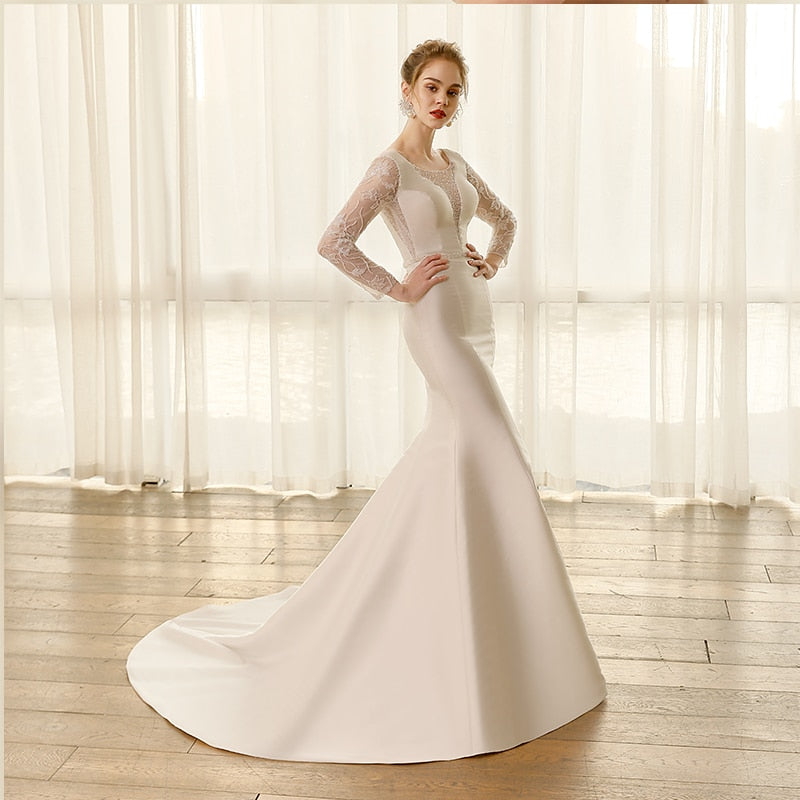 Princess Style Satin Mermaid Long Sleeve Bridal Dresses with Beaded Belt - SolaceConnect.com