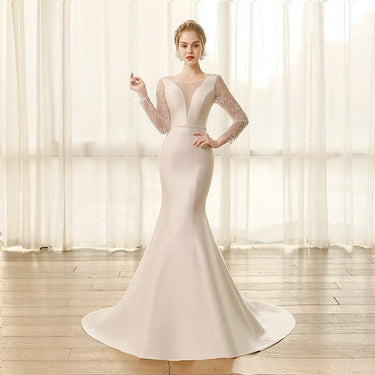 Princess Style Satin Mermaid Long Sleeve Bridal Dresses with Beaded Belt  -  GeraldBlack.com