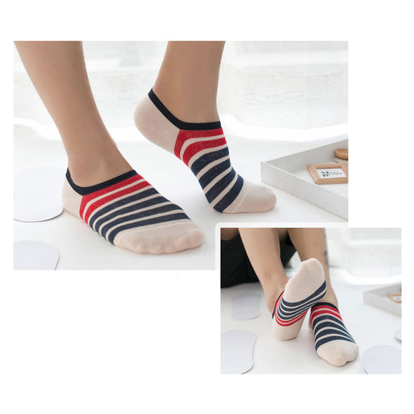 Lote de 5 pares de calcetines tobilleros invisibles a rayas estilo coreano japonés de algodón para hombre