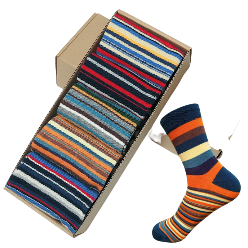 5 Pairs Casual Fashion Men's Chromatic Stripe Crew High Socks Stripped Socks GeraldBlack.com   