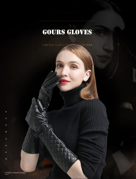 PU Leather Women Black Touch Screen Long Gloves Bow-knot Thin Lined Warm In Winter GSL043  -  GeraldBlack.com
