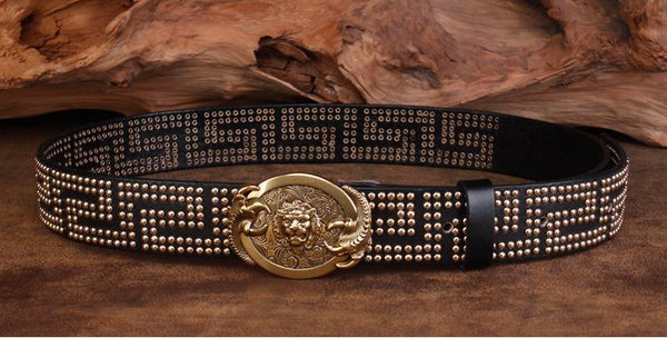 Men's Pin Buckle Belt Genuine Leather Rivet Belts Male Punk Real Cow Leather Fashion Square Belt - SolaceConnect.com