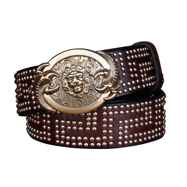 Men's Pin Buckle Belt Genuine Leather Rivet Belts Male Punk Real Cow Leather Fashion Square Belt - SolaceConnect.com