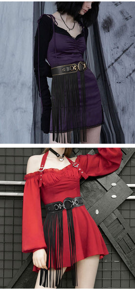 Punk Goth Belts For Women Personality Long Tassels Skirt Fashion Rivet Wide Elastic Black Female  -  GeraldBlack.com