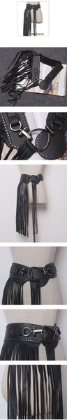 Punk Goth Belts For Women Personality Long Tassels Skirt Fashion Rivet Wide Elastic Black Female  -  GeraldBlack.com