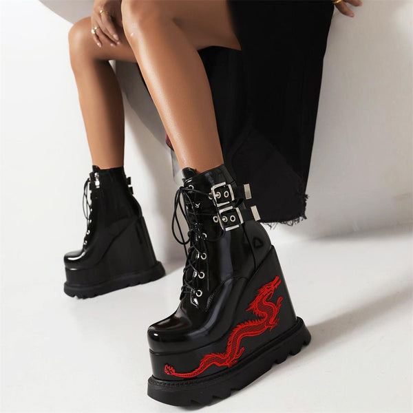 Punk Goth Boot Women's Ankle Platform Luxury Lace UP Thick Bottom High Heels Winter Motorcycle Shoes  -  GeraldBlack.com