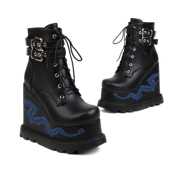 Punk Goth Boot Women's Ankle Platform Luxury Lace UP Thick Bottom High Heels Winter Motorcycle Shoes  -  GeraldBlack.com