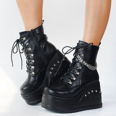 Punk Goth Women's Platform Motorcycle boots Wedges Women's Boot Lace Up Chain Casual Luxury Shoes  -  GeraldBlack.com