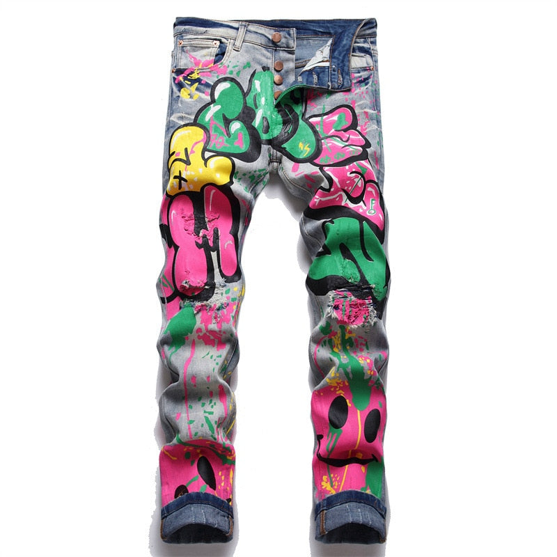 Punk Men's Colored Doodle Painted Buttons Fly Holes Stretch Denim Jeans  -  GeraldBlack.com
