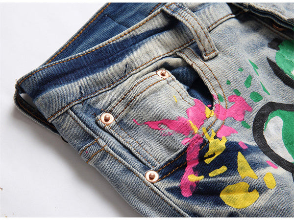 Punk Men's Colored Doodle Painted Buttons Fly Holes Stretch Denim Jeans  -  GeraldBlack.com