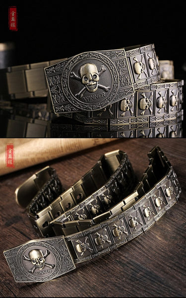 Punk Men's Stainless Steel Skull Skeleton Metal Buckle Self-defense Belt - SolaceConnect.com