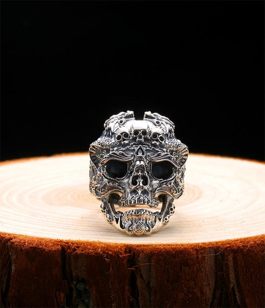 Punk Rock Gothic Men's Adjustable Sterling Silver Dragon Skull Ring - SolaceConnect.com